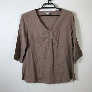 Match Point Top Women's Size Small Brown Linen 3/4 Sleeve V-Neck‎